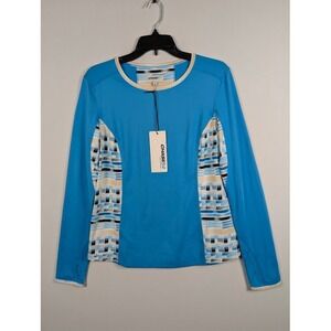 Chase54 Golf T-Shirt Womens M Aqua Blue Pattern Long Sleeve Vented Stretch NEW